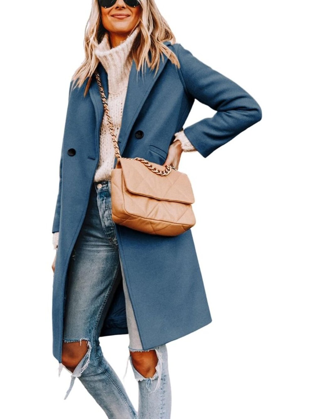 Women's Blue Wool Coat Notch Lapel Double-Breasted Peacoat Casual Mid-Length